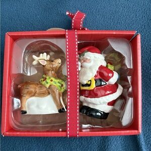 Blue Sky Clay Works Santa and Reindeer Salt and Pepper NIB